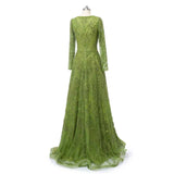 Glamorous Green V-Neck Long Sleeves A-Line Prom Dresses Long Beads With Zipper-Ballbella