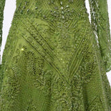 Glamorous Green V-Neck Long Sleeves A-Line Prom Dresses Long Beads With Zipper-Ballbella