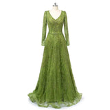 Glamorous Green V-Neck Long Sleeves A-Line Prom Dresses Long Beads With Zipper-Ballbella