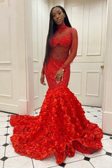 Glamorous High Neck Long Sleeves Prom Dresses Mermaid Flowers Bottom With Beads-Ballbella