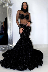 Glamorous High Neck Long Sleeves Prom Dresses Mermaid Flowers Bottom With Beads-Ballbella