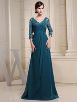 Glamorous Ink Blue Evening Dress Lace Applique Beading V Neck Half Sleeves A Line Wedding Party Dress-Ballbella