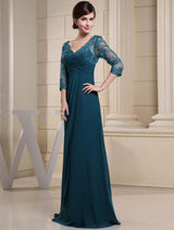 Glamorous Ink Blue Evening Dress Lace Applique Beading V Neck Half Sleeves A Line Wedding Party Dress-Ballbella