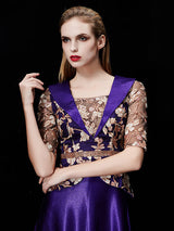 Glamorous Long Evening Dress Satin Mother Dress Embroidered Beading Sash A Line Illusion Half Sleeve Shawl Collar Maxi Wedding Guest Dresses-Ballbella