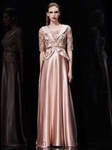 Glamorous Long Evening Dress Satin Mother Dress Embroidered Beading Sash A Line Illusion Half Sleeve Shawl Collar Maxi Wedding Guest Dresses-Ballbella