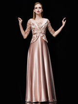 Glamorous Long Evening Dress Satin Mother Dress Embroidered Beading Sash A Line Illusion Half Sleeve Shawl Collar Maxi Wedding Guest Dresses-Ballbella