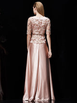 Glamorous Long Evening Dress Satin Mother Dress Embroidered Beading Sash A Line Illusion Half Sleeve Shawl Collar Maxi Wedding Guest Dresses-Ballbella