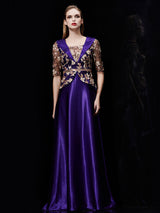 Glamorous Long Evening Dress Satin Mother Dress Embroidered Beading Sash A Line Illusion Half Sleeve Shawl Collar Maxi Wedding Guest Dresses-Ballbella