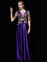 Glamorous Long Evening Dress Satin Mother Dress Embroidered Beading Sash A Line Illusion Half Sleeve Shawl Collar Maxi Wedding Guest Dresses-Ballbella