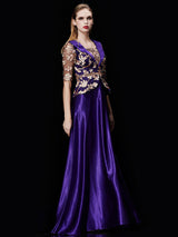 Glamorous Long Evening Dress Satin Mother Dress Embroidered Beading Sash A Line Illusion Half Sleeve Shawl Collar Maxi Wedding Guest Dresses-Ballbella