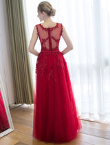 Glamorous Long Evening Dresses Lace Cameo Pink Party Dress A Line Applique Tulle Maxi Formal Dress-Ballbella