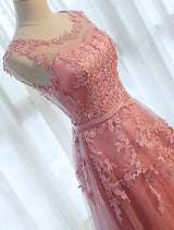 Glamorous Long Evening Dresses Lace Cameo Pink Party Dress A Line Applique Tulle Maxi Formal Dress-Ballbella