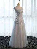 Glamorous Long Evening Dresses Lace Cameo Pink Party Dress A Line Applique Tulle Maxi Formal Dress-Ballbella