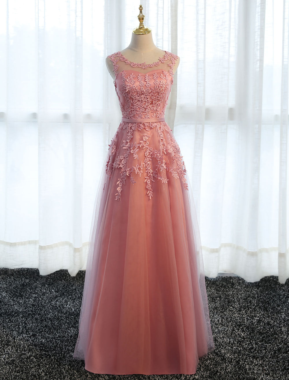 Glamorous Long Evening Dresses Lace Cameo Pink Party Dress A Line Applique Tulle Maxi Formal Dress Glamorous Long Evening Dresses Lace Cameo Pink Party Dress A Line Applique Tulle Maxi Formal Dress