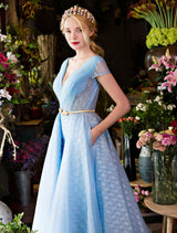 Glamorous Long Evening Dresses Luxury V Neck Rhinestones Beading Cap Sleeve Pleated Lace Tulle Baby Blue Formal Evening Dresses-Ballbella