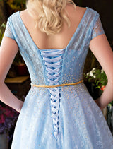 Glamorous Long Evening Dresses Luxury V Neck Rhinestones Beading Cap Sleeve Pleated Lace Tulle Baby Blue Formal Evening Dresses-Ballbella