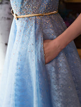 Glamorous Long Evening Dresses Luxury V Neck Rhinestones Beading Cap Sleeve Pleated Lace Tulle Baby Blue Formal Evening Dresses-Ballbella