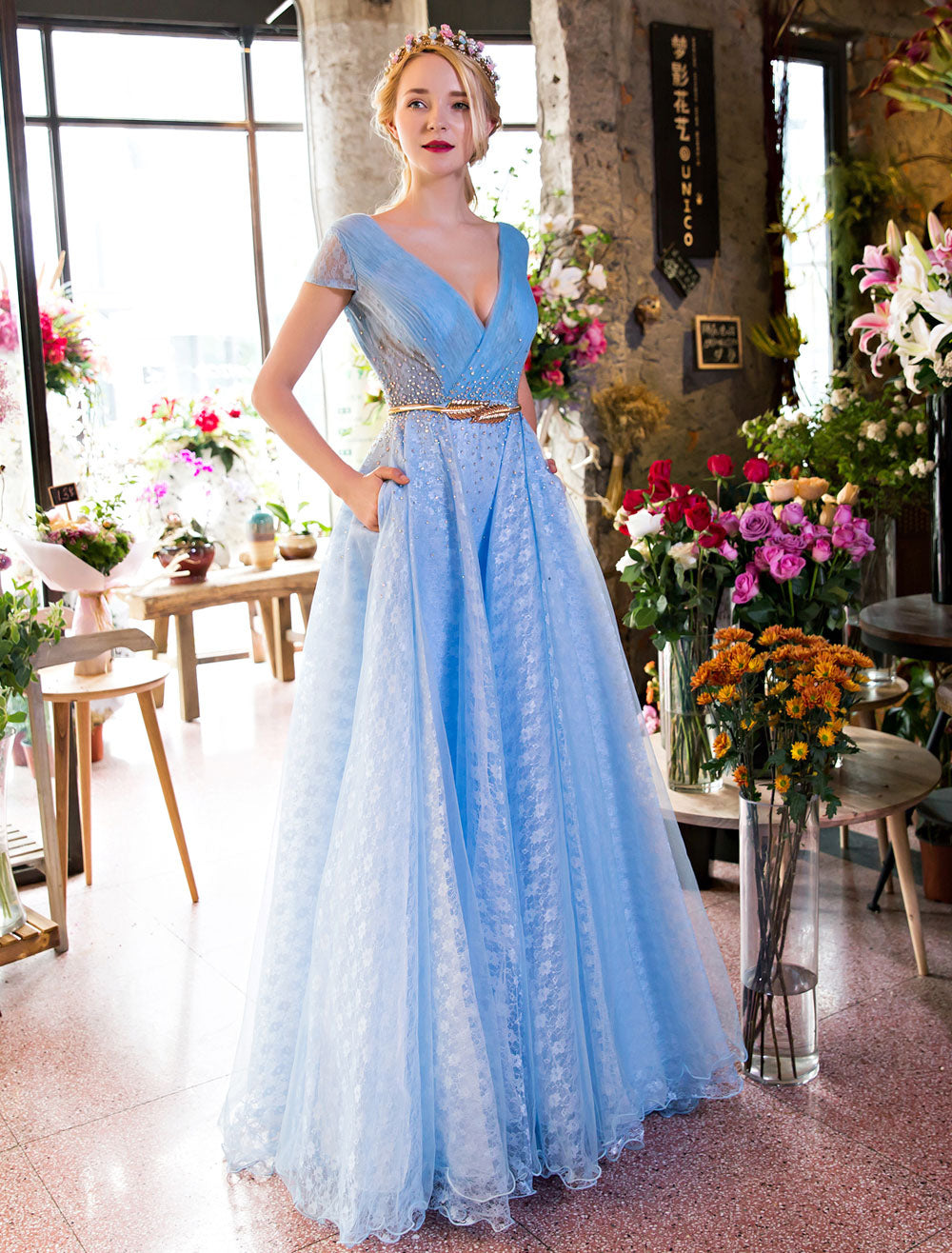 Glamorous Long Evening Dresses Luxury V Neck Rhinestones Beading Cap Sleeve Pleated Lace Tulle Baby Blue Formal Evening Dresses Glamorous Long Evening Dresses Luxury V Neck Rhinestones Beading Cap Sleeve Pleated Lace Tulle Baby Blue Formal Evening Dresses