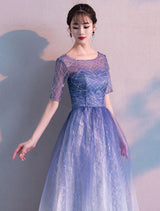 Glamorous Long Evening Dresses Ombre Tulle Sequin Half Sleeve Formal Evening Dress-Ballbella