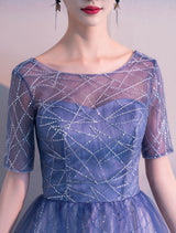 Glamorous Long Evening Dresses Ombre Tulle Sequin Half Sleeve Formal Evening Dress-Ballbella