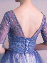 Glamorous Long Evening Dresses Ombre Tulle Sequin Half Sleeve Formal Evening Dress-Ballbella