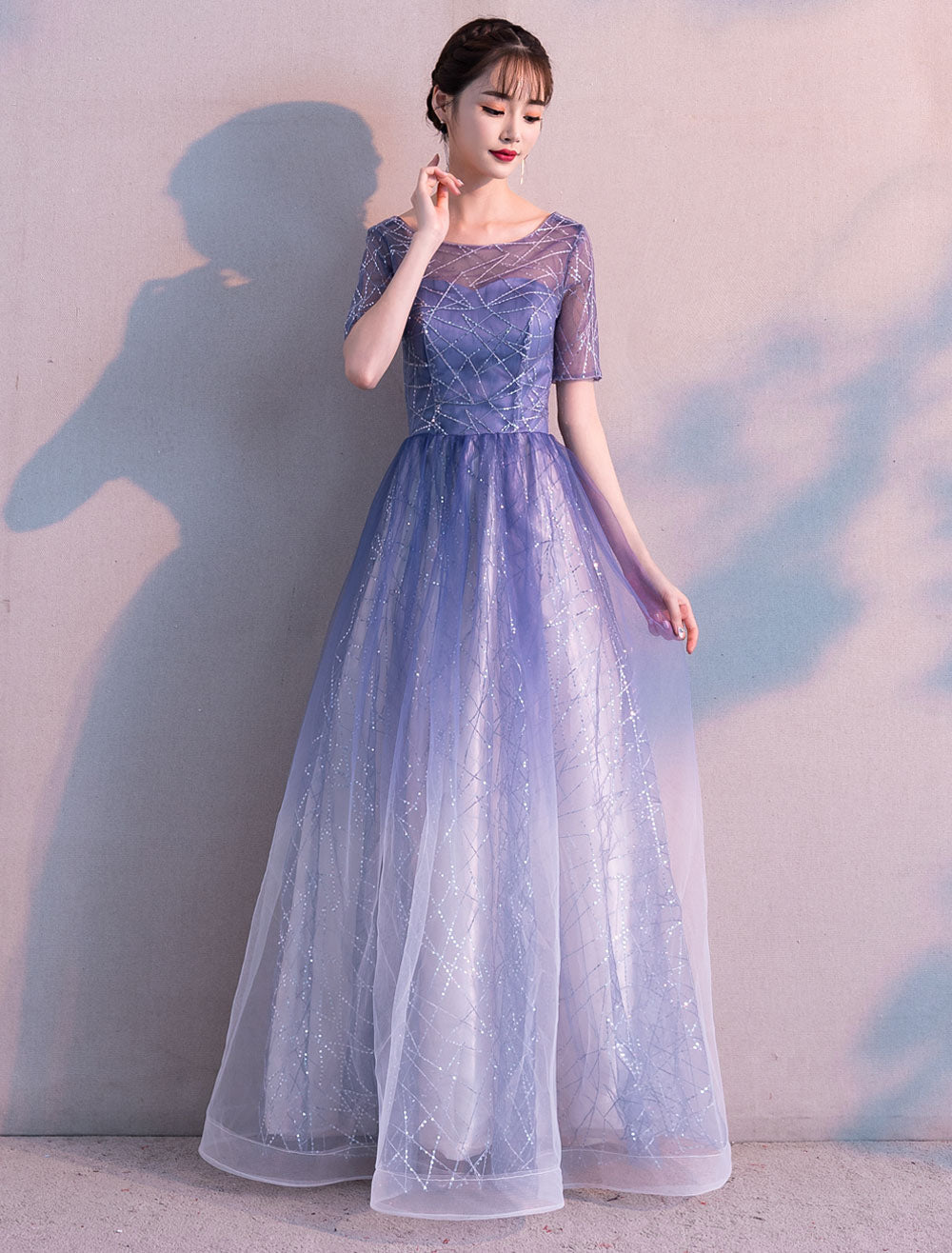 Glamorous Long Evening Dresses Ombre Tulle Sequin Half Sleeve Formal Evening Dress Glamorous Long Evening Dresses Ombre Tulle Sequin Half Sleeve Formal Evening Dress