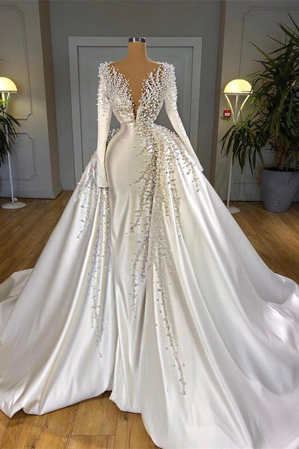Glamorous Long Sleeve Pearls Wedding Dress V-Neck With Detachable Train Online Glamorous Long Sleeve Pearls Wedding Dress V-Neck With Detachable Train Online