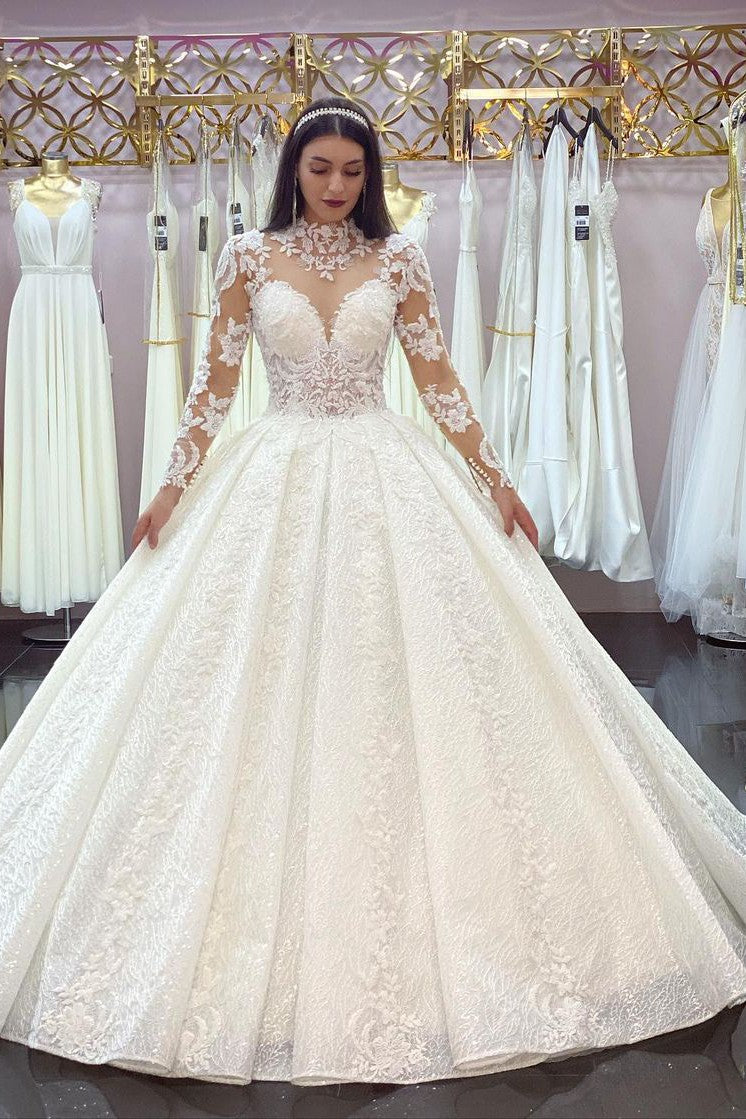 Glamorous Long Sleeves Lace Princess Wedding Dress Ball Gown High Neck Glamorous Long Sleeves Lace Princess Wedding Dress Ball Gown High Neck