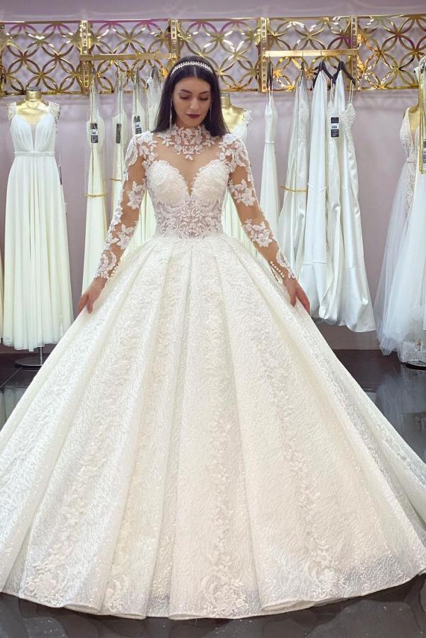 Glamorous Long Sleeves Lace Princess Wedding Dress Ball Gown High Neck Glamorous Long Sleeves Lace Princess Wedding Dress Ball Gown High Neck