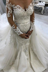 Glamorous Long Sleeves Lace Tulle Wedding Dresses New Arrival Ruffless Mermaid Bridal Gowns-Ballbella