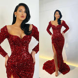 Glamorous Long Sleeves Sequins Mermaid Evening Gowns Split Prom Dresses-Ballbella