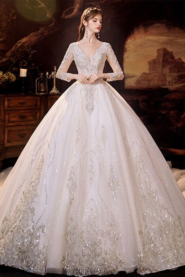 Glamorous Long Sleeves V-Neck Ball Gown Wedding Dress With Sequins Cry –  Ballbella