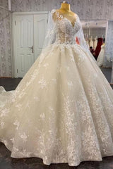 Glamorous Long Sleevess Lace A line Bridal Gown Pirncess Wedding Dress-Ballbella