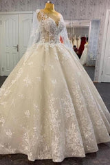 Glamorous Long Sleevess Lace A line Bridal Gown Pirncess Wedding Dress-Ballbella
