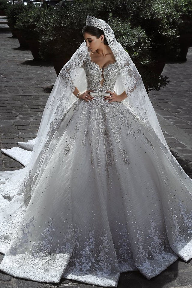 Glamorous Long Sleevess Tulle Appliques Wedding Dresses Crystal Bridal Ball Gowns with Bow Glamorous Long Sleevess Tulle Appliques Wedding Dresses Crystal Bridal Ball Gowns with Bow