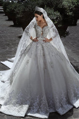 Glamorous Long Sleevess Tulle Appliques Wedding Dresses Crystal Bridal Ball Gowns with Bow-Ballbella