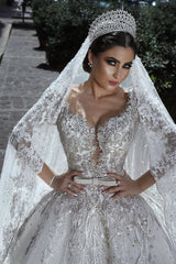 Glamorous Long Sleevess Tulle Appliques Wedding Dresses Crystal Bridal Ball Gowns with Bow-Ballbella
