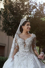 Glamorous Long Sleevess Tulle Appliques Wedding Dresses Crystal Bridal Ball Gowns with Bow-Ballbella