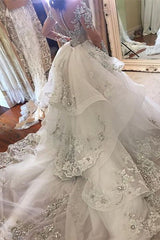 Glamorous Long Sleevess Tulle High Neck Bridal Gowns Appliques Wedding Dresses with Detachable Overskirt-Ballbella