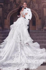 Glamorous Long Sleevess Tulle High Neck Bridal Gowns Appliques Wedding Dresses with Detachable Overskirt-Ballbella