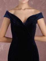 Glamorous Mermaid Celebrity Dresses Velvet Off The Shoulder Evening Dress Dark Navy Slit Party Dress With Train Inspired By Taraji P. Henson At Oscar-Ballbella
