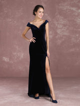Glamorous Mermaid Celebrity Dresses Velvet Off The Shoulder Evening Dress Dark Navy Slit Party Dress With Train Inspired By Taraji P. Henson At Oscar-Ballbella