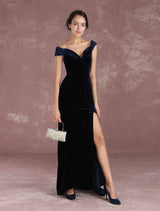 Glamorous Mermaid Celebrity Dresses Velvet Off The Shoulder Evening Dress Dark Navy Slit Party Dress With Train Inspired By Taraji P. Henson At Oscar-Ballbella