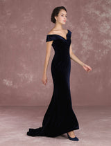 Glamorous Mermaid Celebrity Dresses Velvet Off The Shoulder Evening Dress Dark Navy Slit Party Dress With Train Inspired By Taraji P. Henson At Oscar-Ballbella