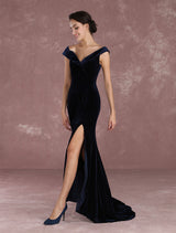 Glamorous Mermaid Celebrity Dresses Velvet Off The Shoulder Evening Dress Dark Navy Slit Party Dress With Train Inspired By Taraji P. Henson At Oscar-Ballbella
