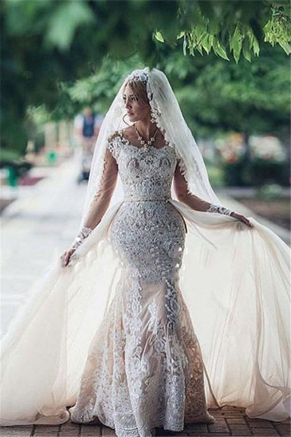 Glamorous Mermaid Long Sleevess Lace Wedding Dresses Scoop Appliques Detachable Skirt Bridal Gowns Glamorous Mermaid Long Sleevess Lace Wedding Dresses Scoop Appliques Detachable Skirt Bridal Gowns