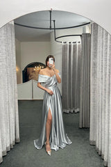 Glamorous Off The Shoulder Prom Dress With Split Ruffles A-Line Evening Gowns-Ballbella