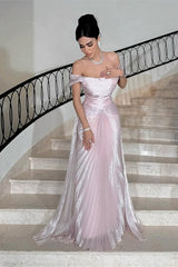 Glamorous Pink Off-The-Shoulder Prom Dress Sleeveless Sheath With Overskirt Pleats-Ballbella