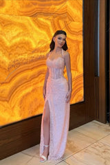 Glamorous Pink Sweetheart Halter Sleeveless Lace Prom Dress Mermaid Sheath With High Split-Ballbella