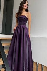 Glamorous Purple Strapless Sleeveless A-Line Prom Dresses Long Lace-Up Back With Pleats-Ballbella